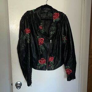 Torrid faux leather black jacket with embroidered flowers size 1